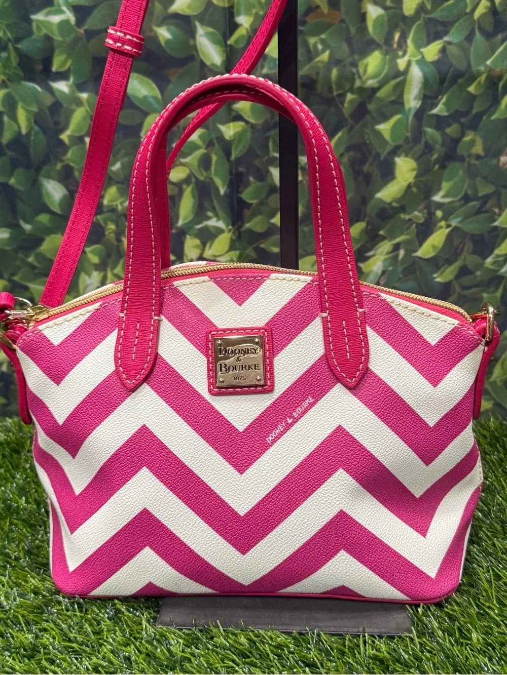 Dooney & Bourke Chevron Ruby Pink Striped Mini Satchel Crossbody Bag